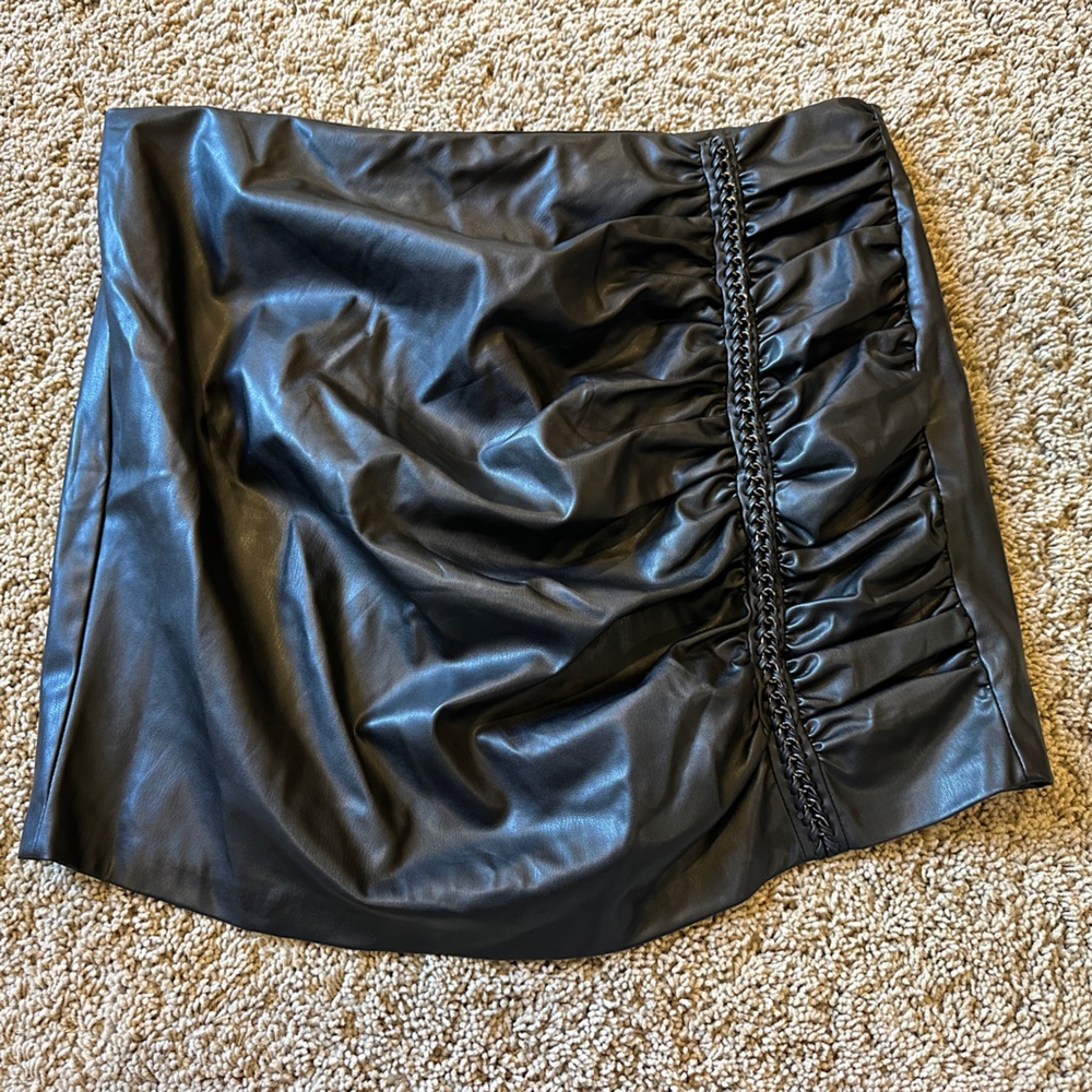 Zara Black Faux Leather Ruched Mini Skirt with Chain Trim
